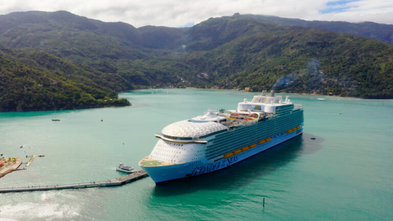 Wide drone shot of wonder of the seas ship