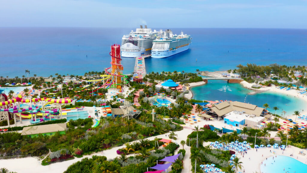 coco cay and two ships lined up together